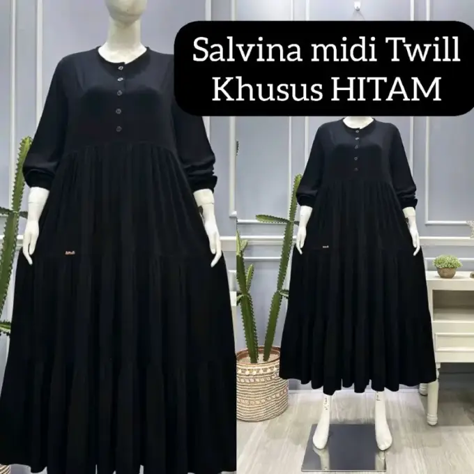 Midi Salvina Khusus Hitam Rayon Twill Polosan Best Seller Lembut