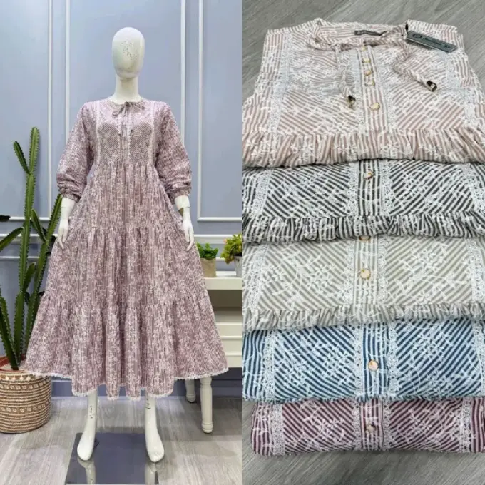 Salvina Midi P Linen Print Salur Renda Bawah